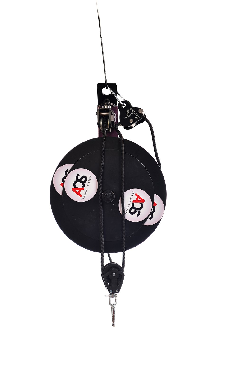 AOS D Pulley Taşınabilir Flywheel Makara Sistemi 1 AOS D Pulley flywheel makara sistemi, askıda önden görünüm